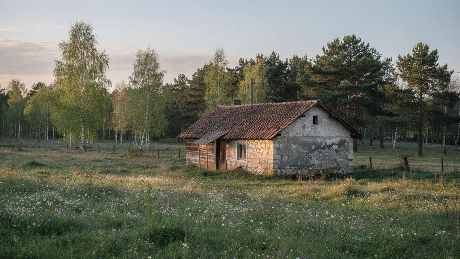 Stone cottage with a tiled roof at dawn in the Ukrainian countryside